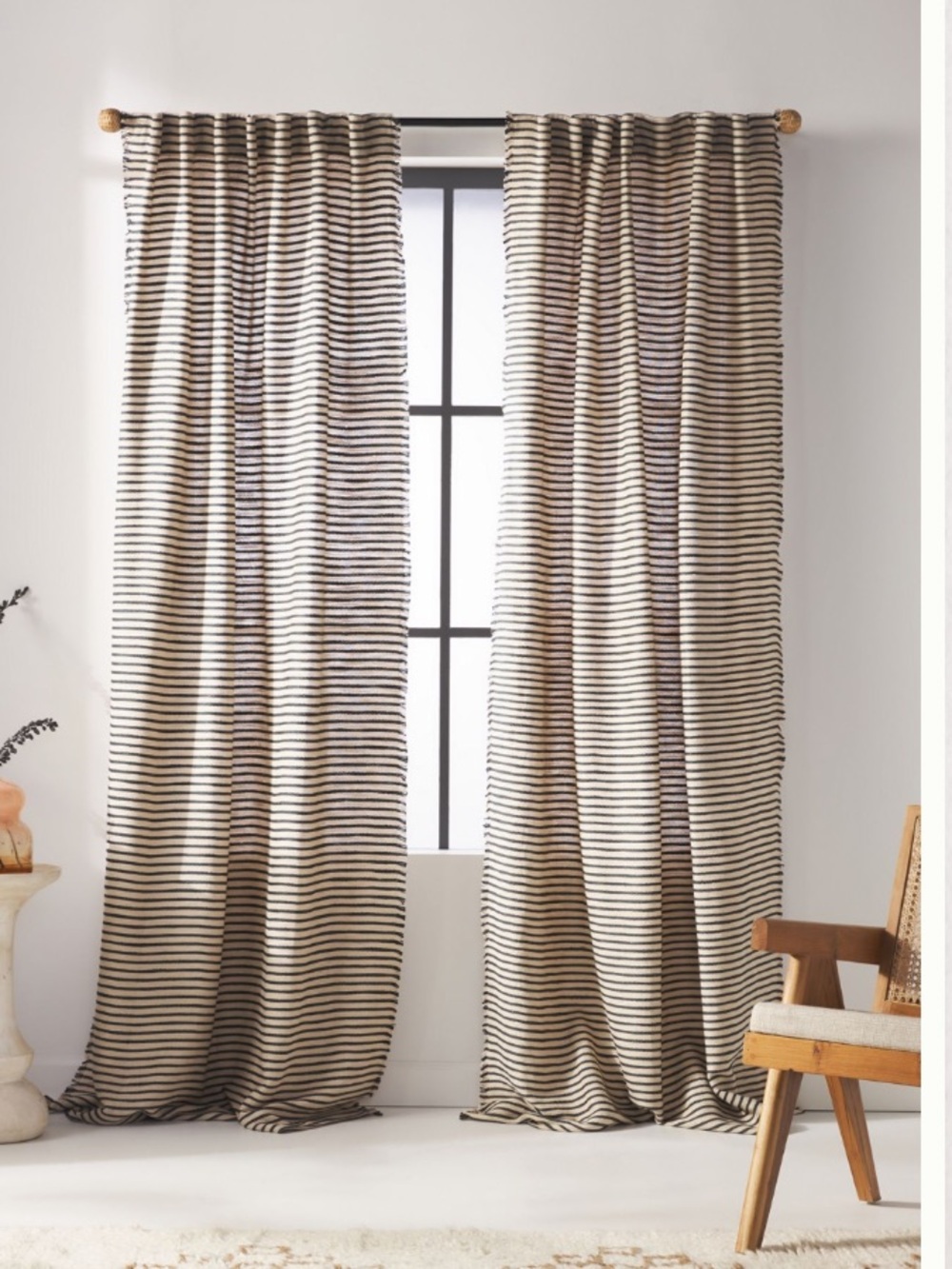 Like new: Anthropologie Natural & Indigo Stripe Luxe Linen-Blend 84” Curtain